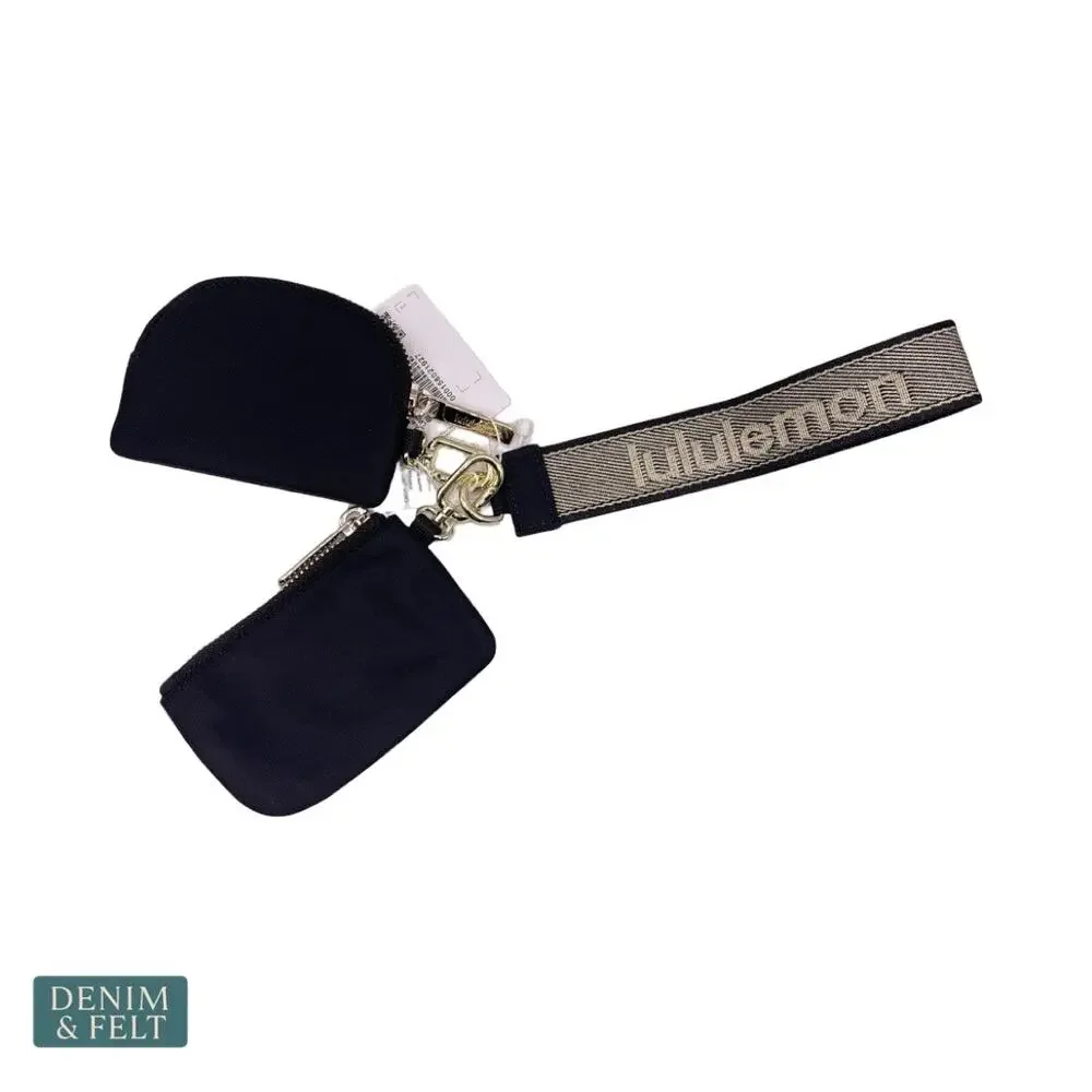 NEW‎ Lululemon Dual Pouch Wristlet Metallic Wordmark Black Gold Keychain Wallet